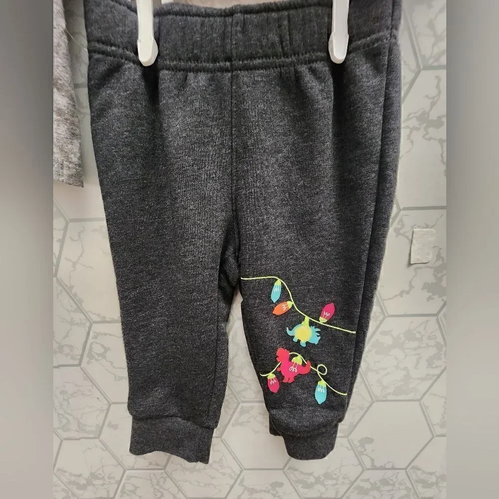 Nwt Cat & Jack Boys Christmas Lights Dinosaur Joggers Outfit,  Size 12 months